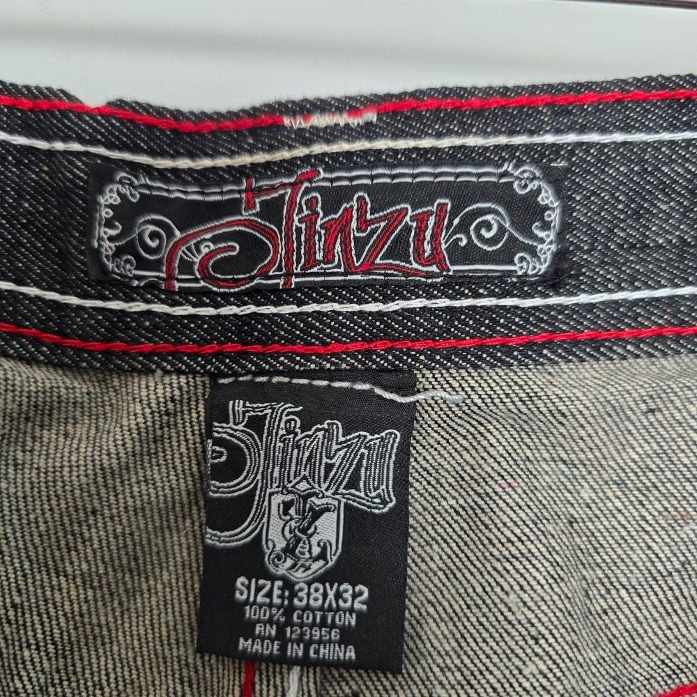 Vintage Y2K Jinzu Mens Baggy Hip Hop Punk Jeans Size 38x32 Black Rigid Red Cross - Picture 8 of 10